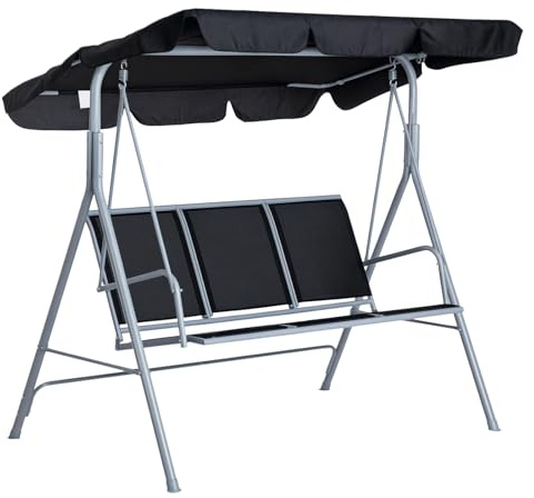 Outsunny Hollywoodschaukel 3-Sitzer Gartenschaukel 171x108x154cm Schwarz | Verstellbares Sonnendach, Anti-Rutsch-Füße, Schaukelbank Belastbar Bis 240 kg, Gartenliege, für Garten, Terrasse
