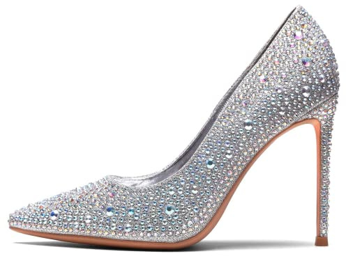 GENSHUO Damer stilett höga klackar 10 cm sexig spets stilett pumps lackläder stängd tå party avslutningsbal bröllop klackskor stilett klackar storlek EU 36–42, glitter silver strass, 40.5 EU