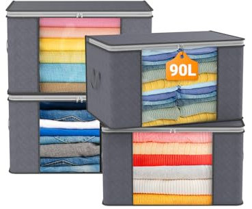 KALAHOL 90L Large Capacity Clothes Storage Bags with Zips, Storage Boxes with Lids, Reinforced Handle, Foldable, Thick Fabric, for Comforters, Clothes, Blankets, Bedding, 4 Pack, Dark Grey