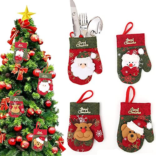 Weihnachten Bestecktasche Weihnachten Messer Gabel Taschen Handschuh Geformt Messer Gabel Tasche Besteckhalter Weihnachtsmann ​Elch Schneemann Weihnachtshandschuhe Tischdekoration 4 Stücke