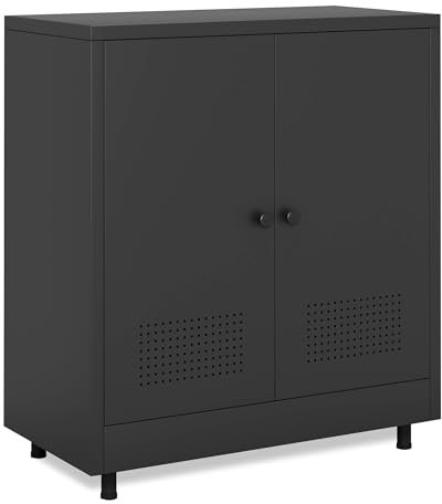 JINKUR Metal Storage Cupboard with 2 Doors and Adjustable Shelf, Steel Accent Sideboard Buffet Cabinet for Home, Office, Entryway, Living Room, Kitchen Pantry and Dining Room (Black)