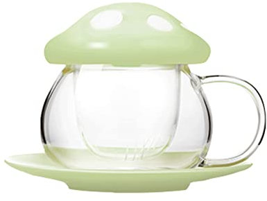 AYAROS Tasse à thé en verre aux champignons avec poignée de 283,5 g Jolie tasse à thé en forme de champignon avec filtre infuseur et soucoupe Jolie théière Kawaii pour la maison, le bureau