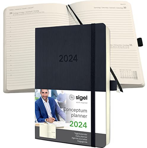 SIGEL C2420 Terminplaner Tageskalender 2024, ca. A5, schwarz, Softcover, 400 Seiten, Gummiband, Stiftschlaufe, Archivtasche, PEFC-zertifiziert, Conceptum