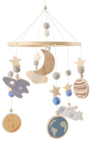 Mobile Baby Windspiele, Weltraum Windspiel mit Filzbällen Mond Sterne Babyzimmer Holz Mobile Baby Neugeborene Jungen Mädchen Bettglocke Anhänger zum Aufhängen Babybett Kinderbett Wickeltisch Deko