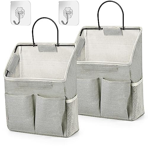 2 Pieces Hanging Storage Organisers, Waterproof Wall Hanging Bags, Foldable Linen Fabric Basket with Pockets for Children's Room, Bathroom, Bedroom, Office, Motorhome (Grey)