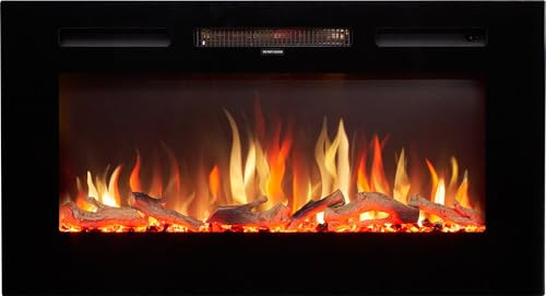 Adam Orlando 36 Inch Electric Fire, Inset or Wall Mounted Electric Fireplace, LED Flame Effect, Log & Crystal Fuel Bed, Multi-Colour Settings, Remote Control, 7-Day Timer, Thermostat, 1kW/2kW