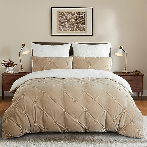 Lanqinglv - Funda nórdica de 200 x 200 cm, franela polar Sherpa invierno cálido y esponjoso, juego de cama de 2 personas, color caqui, beige, blanco, reversible, pintuck niña, adolescente, ropa de