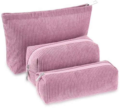 Huhumy 3 Pcs Corduroy Makeup Bag Set for Women, Rose Pink, Solid Style