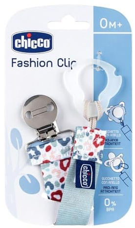 Chicco Fashion Clip protector para chupete con cinta, universal, para enganchar chupetes, cadena porta chupete bebé, neutro verde, 0 meses +
