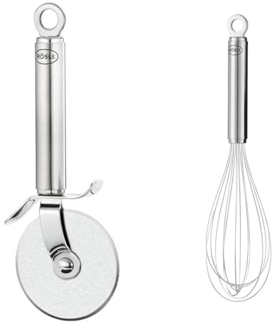 RÖSLE Pizzaschneider, Hochwertiges Pizzamesser mit stabilem Rad & Schneebesen, hochwertiger Rührbesen mit schmalem Griff, Edelstahl 18/10, Spülmaschinengeeignet, Länge 27 cm