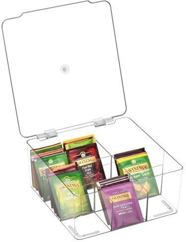 Wuudi Tea Storage Box Tea Organizer Made of Clear Plastic with 9 Compartments Tea Bag Holder for Tea Bags,Sugar, Coffee Pods or Other Small Items