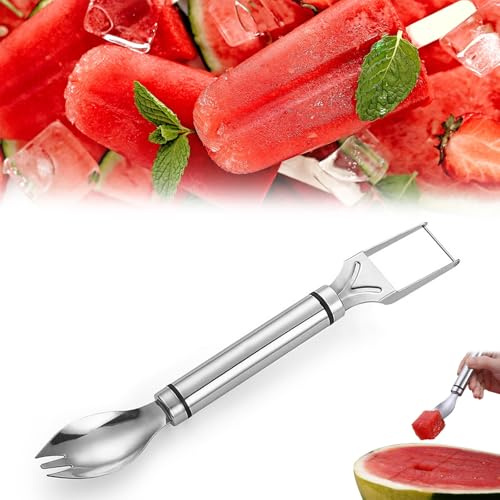 Ellxen 2 IN 1 Watermelon Obstschneider aus Edelstahl,Multifunktionaler Melonenschneider mit Tragbare Wassermelonengabel,Watermelon Cutter für Zuhause Küche Party Camping Gadget(A)