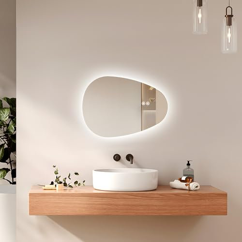 EMKE Specchio Bagno con Luce, Asimmetrico, Antiappannamento,60 x 45 cm,Specchio Bagno LED,Interruttore Touch, 3 Colori di Luce Regolabili, Risparmio Energetico,Specchio da bagno