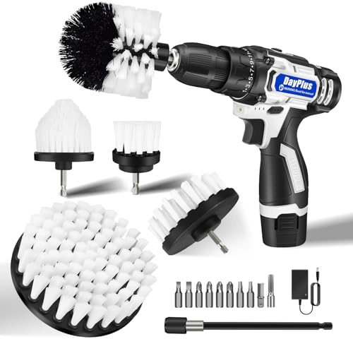 Drill Brushes Attachment 5Pcs Brush for Drill Power Scrubber Brush with Extend Long Attachment Drill Scrubbing Brushes for Car Carpet 1500mAh battery White