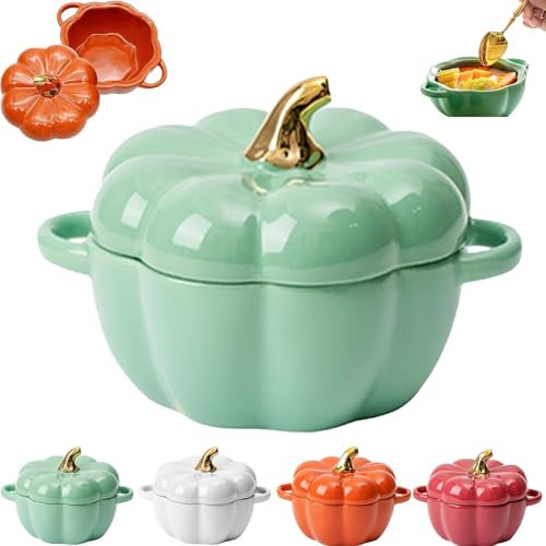 ZHKVAG 15 Oz Oven Safe Pumpkin Bowls, Pumpkin Ramekins with Lids, Pumpkin Soup Bowls for Thanksgiving Halloween, Pumpkin Bowls For Soup, Pumpkin Ceramic Bowl, Pumpkin Casserole Dish (Green)