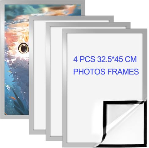 ROYUEXT 4 Stück Magnetrahmen A3, selbstklebender Rahmen mit Magnetverschluss Infotasche Blatthalter für Inforahmen A3 Format 32.5x45cm mit Silberkante