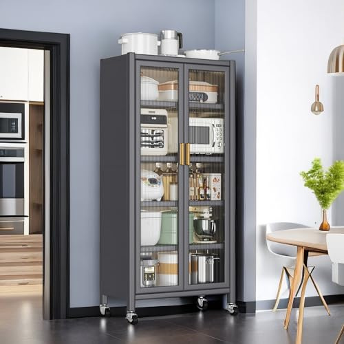 65“ Kitchen Pantry Cabinet with Glass Doors and Removable Wheels,Freestanding Food Pantry Cabinet with 4 Adjustable Shelves for Home Kitchen Dining Room Living Room (Black, Tall)