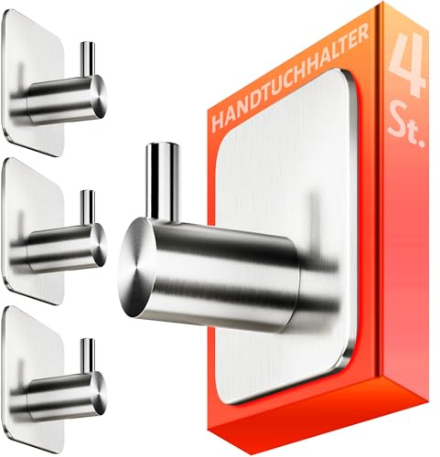 4smile Handtuchhalter ohne Bohren, 4er-Set in Silber | Edelstahl Badezimmer Handtuchhalter, Klebehaken mit guter Tragkraft , Haken selbstklebend, wasserfeste Haken für Bad, Küche