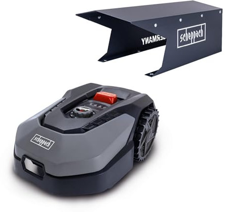 Scheppach Mähroboter RLM500W bis zu 500qm² - inkl. Robotergarage| 18cm Schnittbreite | 20-60 mm Schnitthöhe | Regensensor | WiFi & BT | App gesteuert | 35% Steigung
