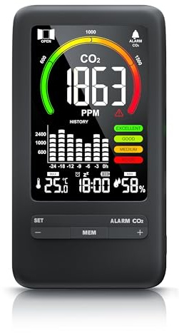 CSL - CO2 Melder - CO2 Messgerät mit Thermometer Hygrometer - Innenraum Luftqualität Messgerät Kohlendioxidmessung PPM - Akku 2000 mAh -– schwarz