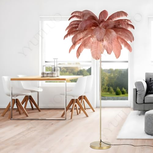 YYUTLUO Moderne Federlampe, Stehlampe Aus Natürlichen Straußenfedern, 160cm Hoch, Goldene Stange Und Sockel, Stehlampe, 3 Farbtemperaturen, G4 Led Lampen,Wohnzimmer Kinderzimmer (Bohnenpastenfarbe)