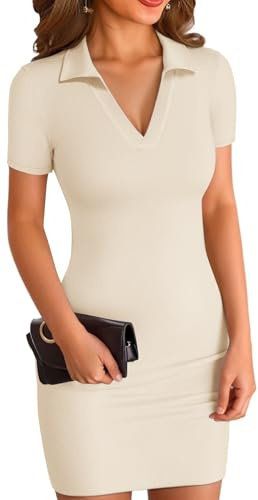 ELFIN Robe d’été Robe Moulante Femme Mini-Robe Courte côtelée Col Polo Manches Courtes Robe décontractée d’été Robes de Sport Moulantes (S, Beige)
