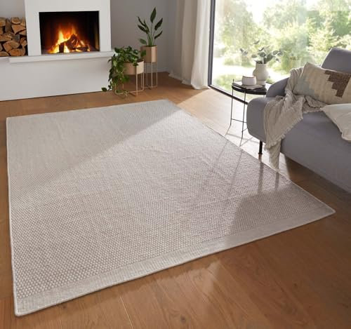 Taracarpet Moderner Boho Skandi Kurzflor Wollteppich Ethno Flachgewebe Kelim Teppich handgewebt Dhurry weiß Creme 070x140 cm