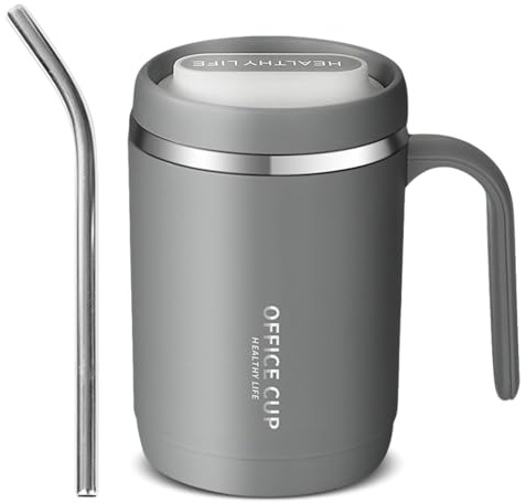 Kytpyi Kaffeebecher, Thermobecher, 400ml Stylisher Doppelschichtiger Kaffee Thermobecher mit Deckel 1 Trinkhalm für Haus Office Schule (Grau)