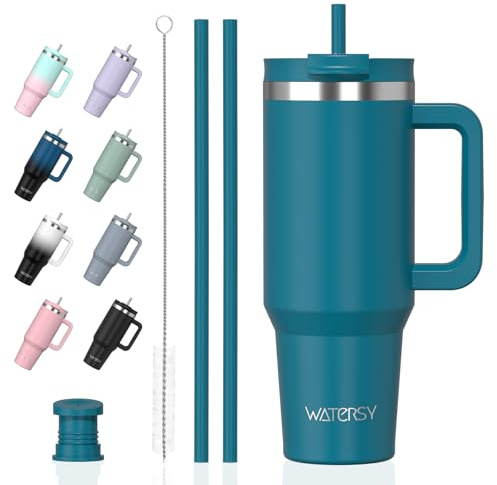 WATERSY 1.2L Thermobecher mit 2 Strohhalmen, Trinkbecher Auslaufsicherer Kaffeebecher To Go Vakuum-Isoliert mit BPA frei Schraubdeckel, Trinkflasche Kühlt 12 Stunden,Lagune