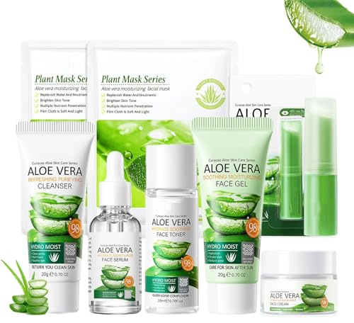 Altherona 8-Tlg Aloe Vera Skin Care Set, Gesichtspflege Produkte mit Cleanser, Toner, Gel, Maske, Balsam, Serum und Vitamin E Lotion