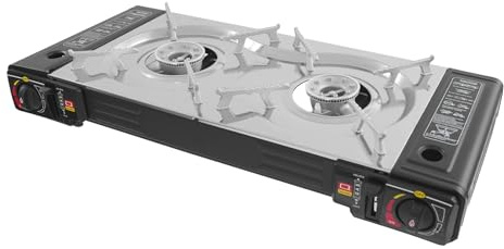 Hornillo de gas portátil con 2 quemadores, 2,1 – 2,5 kW, con molde y bolsa de transporte, 4,09 kg, 63 x 26 x 8 cm
