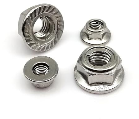 Tuerca autoblocante hexagonal con brida de inserción de metal, 2 unidades, M4, M5, M6, M8, M10, M12, 304 A2-70, de acero inoxidable, con par prevaleciente, contratuerca.(M6 serrated bottom)