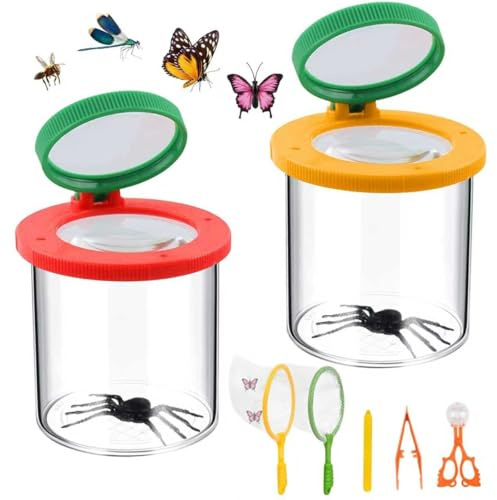 2 Stück Insekten Viewer, Becherlupe Lupenbecher Set, Lupendose Lupenbecher mit Pinzette, mit Schmetterlingsfangnetz,Pinzette,Kleinkindspielzeug,für Kinder Outdoor Wissenschaft Natur Erkundung