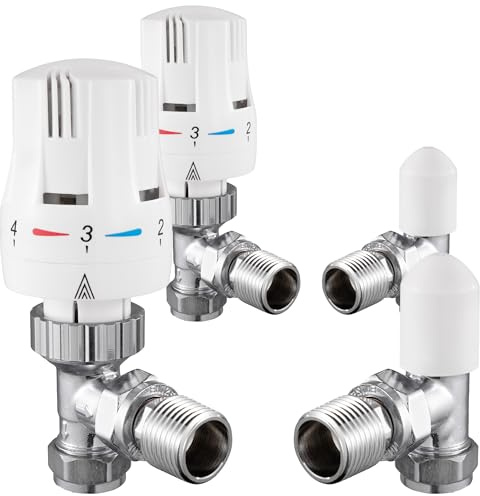 VANCOCO 2 Pack Thermostatic Radiator Valve 1/2×15mm Angled with Lockshield, Thermostat TRV Set, H62 Brass, Energy Saving