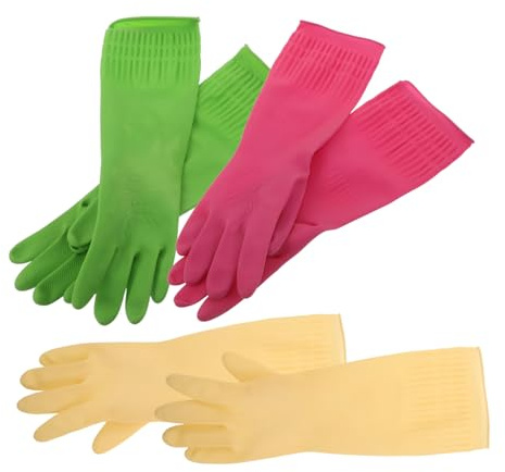 Healeved 3 Pairs Reusable Latex Kitchen Gloves Non-slip Long Household Cleaning Mittens with Splash Guard Thickened Work Gloves for Dishwashing Laundry Pet Care Green Pink Natural