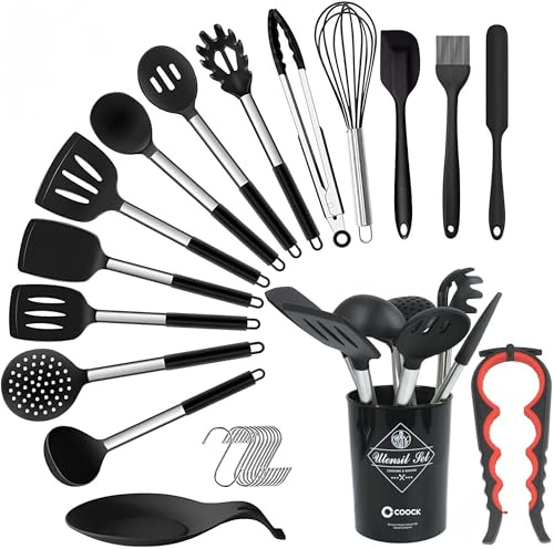 Schneebesen, Pfannenwender, Kartoffelstampfer, Besteck Set, Sieb, Teigschaber & Salatbesteck – COOCK 26-tlg XL Küchenutensilien Set Schwarz mit Halter – Silikon & Edelstahl – Spülmaschinenfest