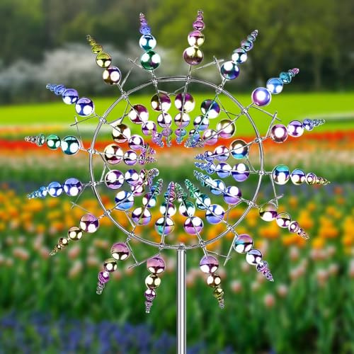 Magische Windmühle aus Metall, 3D Windspiel Garten, Windrad Garten Dekoration mit Metallpfahl, Wind Spinner Gartens für Terrasse, Rasen, Innenhof Landschaft Dekoration (Farben)