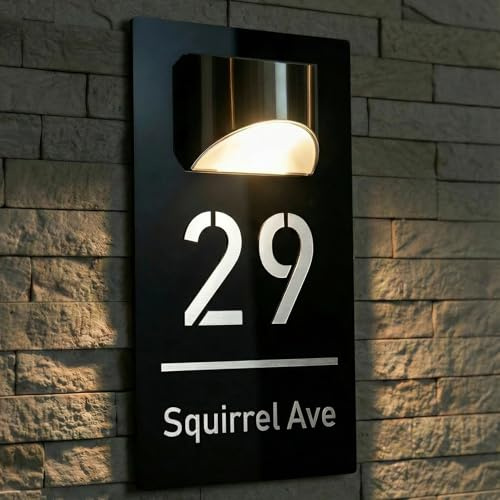 Plaque Numéro de Maison Extérieure Personnalisée Imperméable - Acrylique LED Solaire, 6 Polices - Pour Porte/Mur (4 Tailles au Choix : 15x25cm, 15x29cm, 18x32cm, 22x35cm)(Noir-Blanc)