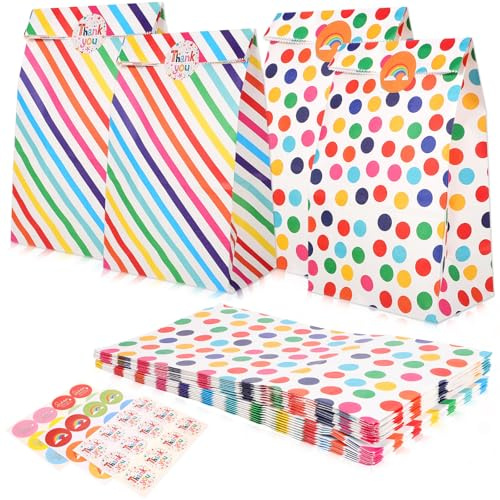 POPETPOP Bunte Geschenktüten aus Papier mit 10 Farbigen Polka Dot und 10 Farbigen Streifenbeuteln Samt 24 Aufklebern für Geschenke Hochzeit und Jubiläum