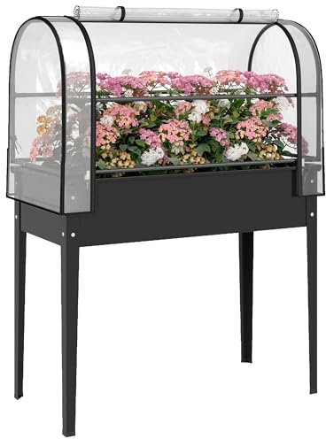 Outsunny Potager sur Pieds avec Serre Rabattable 100 x 49 x 136 cm Noir | Jardinière Haute sur Pied en Métal 97L, Trou de Drainage, pour Plantes Fleurs et Légumes