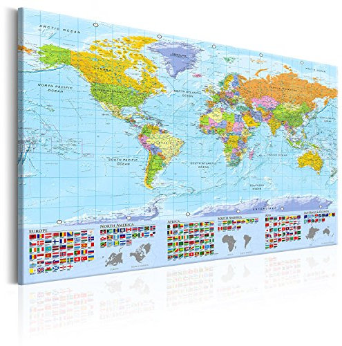 B&D XXL - Englische Weltkarte mit Pins Pinnwand & Vlies Leinwand Bild 120x80 cm XXL Bilder mit Kork Rückwand Set mit 50 Markierfähnchen-Pinnnadeln Korktafel Kunstdruck Wandbilder Lernkarte Landkarte