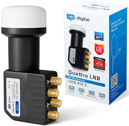 hb-digital Quattro LNB (Test SEHR GUT *) LNC Kopf für Multischalter Multiswitch LTE Protected Satelliten Digital Sat Full HD TV 3D 4K UHD Kontakte vergoldet Wetterschutz Schwarz Black