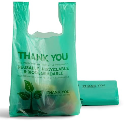 FMP Brands Eco Biodegradable Plastic Grocery Bags - 100 Count with Handles, Thank You T-Shirt Shopping Bags Bulk for Small Business, Restaurant, Groceries, Supermarket