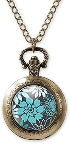 Taschenuhr, abgebildetes Sautoir, Schmuckset, Türkisfarbene Blumen, schwarz, Bronze (ref.7)