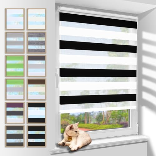Zarnan Doppelrollo Klemmfix ohne Bohren Schwarz-weiß 80x120cm(Stoffbreite 76cm) Duo Rollo Blickdicht Zebrarollo Rollos für Fenster ohne Bohren für Wohnzimmer Küche Büro lichtdurchlässig