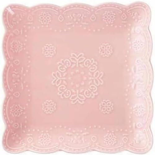 YBK Tech Elegant Square Embossed Lace Plate, Ceramic Serving Plate for Breakfast Afternoon Tea (Pink, 6-inch)