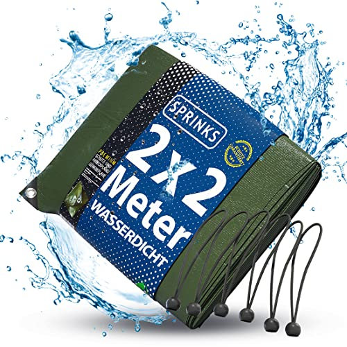 SPRINKS® Abdeckplane Premium 140 g/m² [2x2m] - Robuste Gewebeplane mit Ösen - Plane Wasserdicht und UV Beständig - Tarp Outdoor - Wetterfeste Allzweckplane inkl. 6 Planenspanner