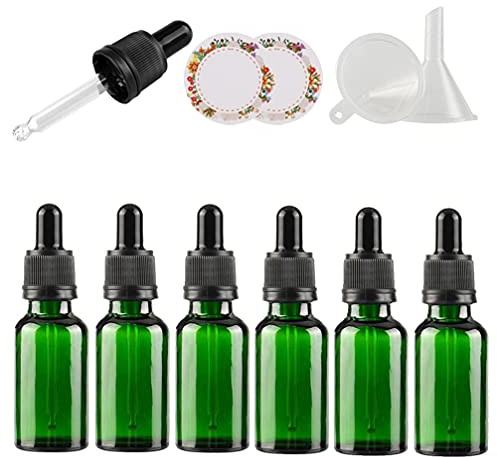 ZEOABSY 6 Stück 20ml Leere Grün Pipettenflasche mit Originalitätsschraubverschluss,Glasflasche Tropfpipetten für Aromatherapie ätherische Öle Dosierung + 1x Trichter