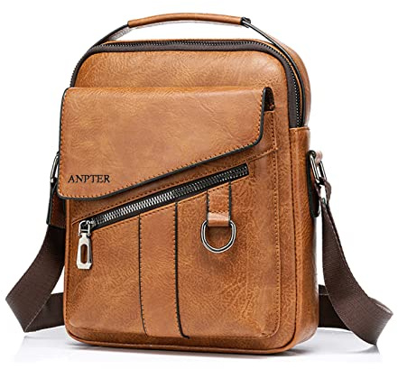ANPTER Herren-Umhängetasche, Vintage, Umhängetasche, Leder, kleine Schultertasche, Crossbody Business, Schultasche, Handtasche, Braune Herren-Umhängetaschen, L, Zeitgenössisch