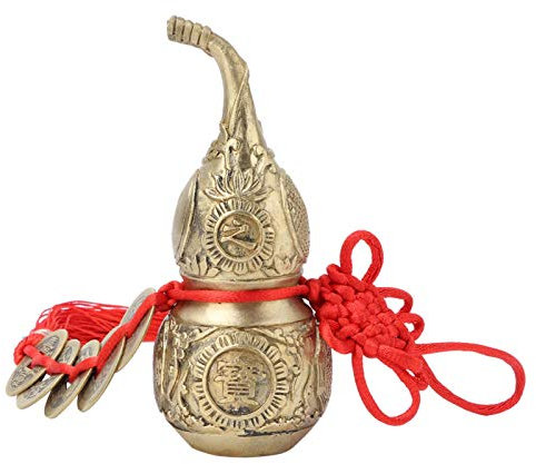 Feng Shui Brass Gourd, Feng Shui Hu Lu Gourd Chinese Good Luck Cucurbit Small Gourd Ornaments with Chinese Lucky Coins Treasure Statue Collectible Safety Health Wealth Success Calabash 10cm/3.94in